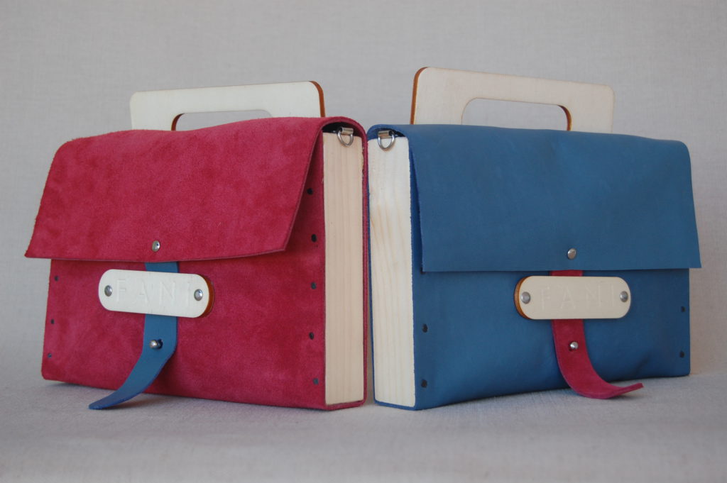 Bolsos de madera Bolso de piel y madera modelo Glabra granate y azul